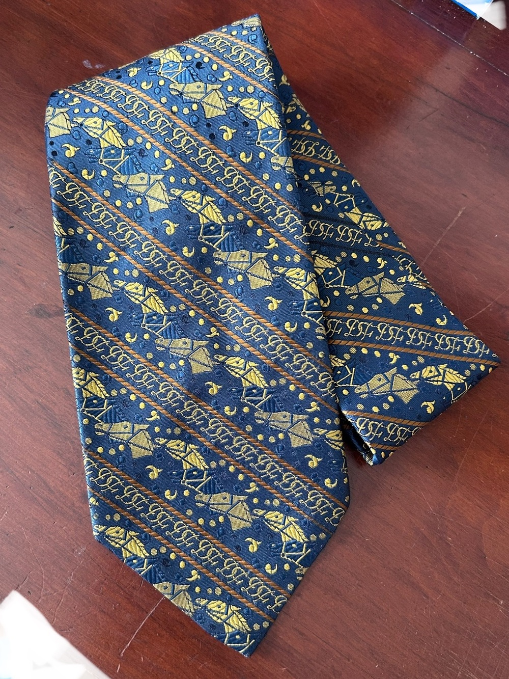 Vintage Dominique France 100% Silk Tie Italy Equestrian Gold Blue